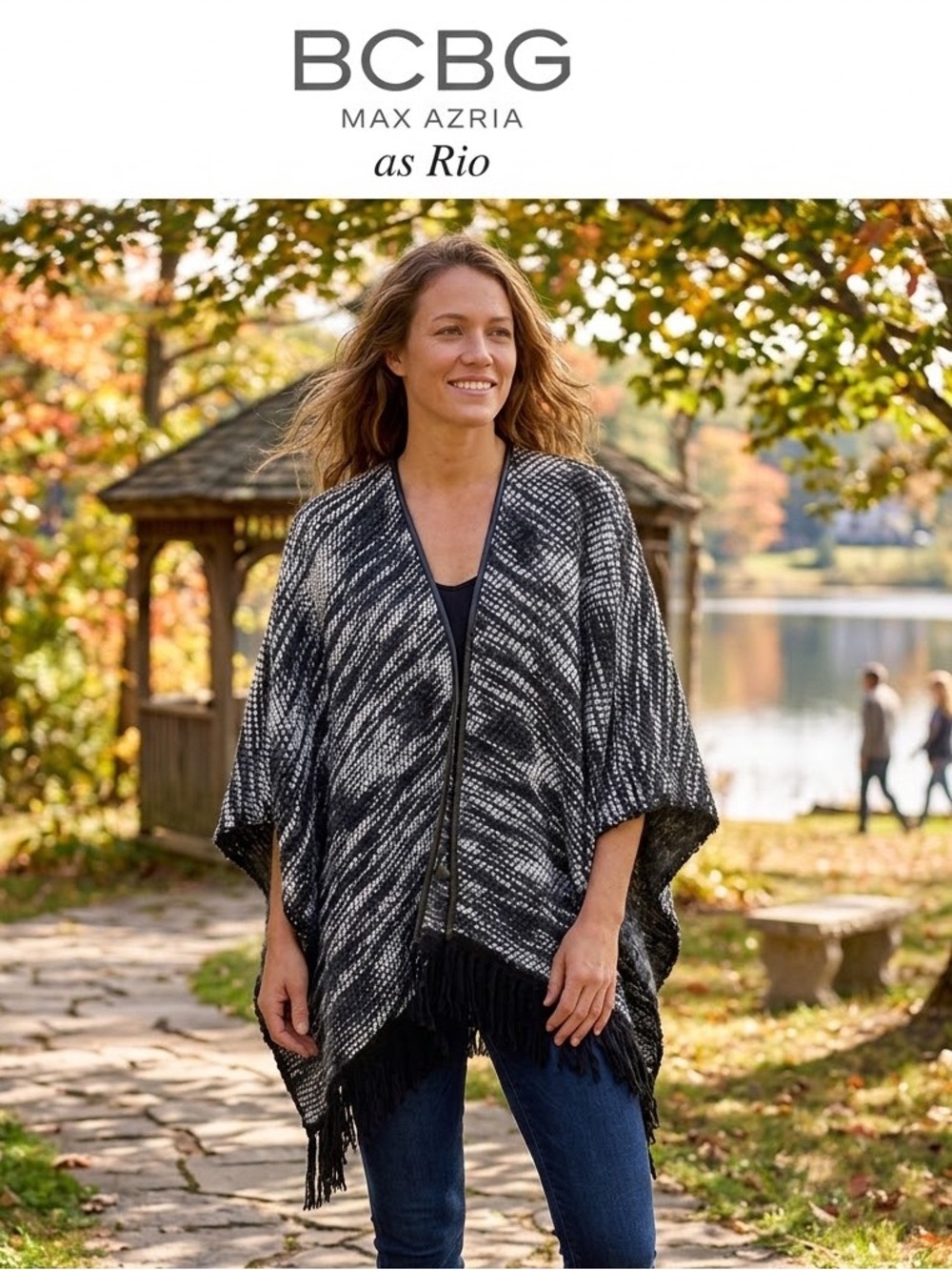 BCBGMaxAzria Black and White with Fringe Cape